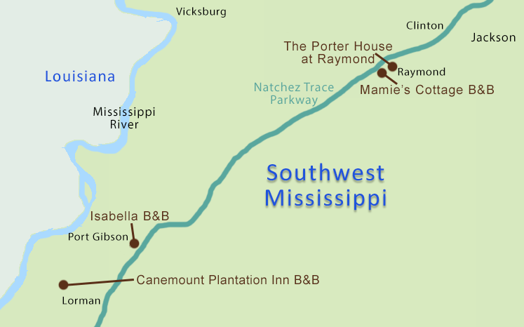 Southwest Mississippi Bed and Breakfasts Map