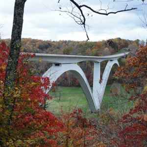 Fall foliage view of the Double Arch Bridge