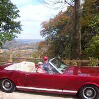 Our 1965 Ford Mustang Convertible on Old Trace Drive behind the Tobacco Barn next to the overlook into the Duck River Valley.