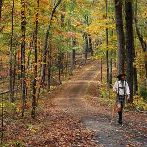 Hohenwald - Summertown area: My husband hiking in traditional Lederhosen along the Old Trace Drive.